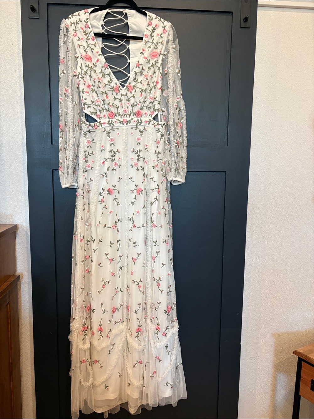711. Mac Duggal White Maxi Dress with Pink Floral Embroidery